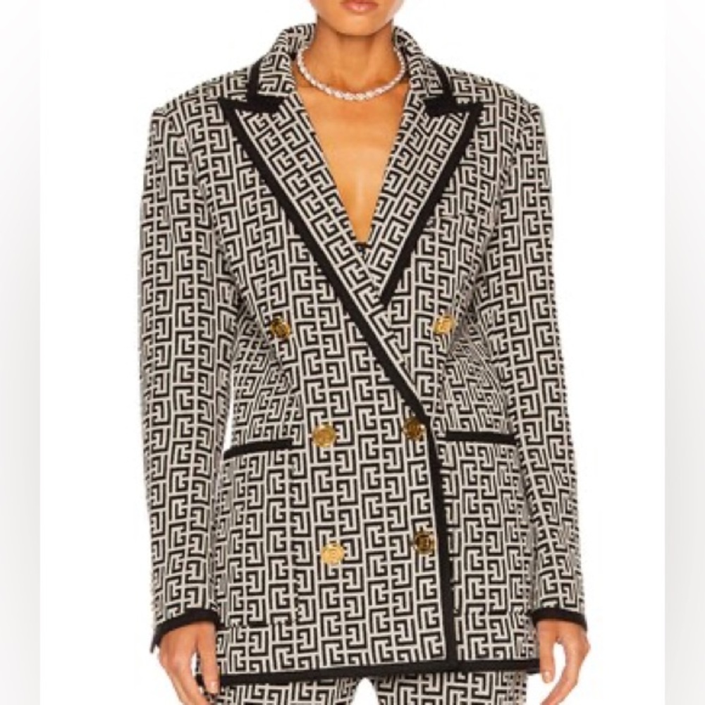Balmain Black & White Geometric Double-Breasted Blazer